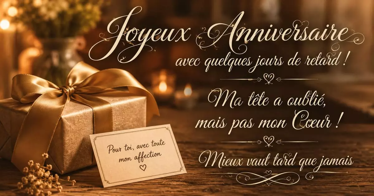 Message anniversaire en retard à copier Cadeau enveloppé avec un ruban doré posé sur une table, ambiance chaleureuse évoquant un anniversaire oublié puis rattrapé