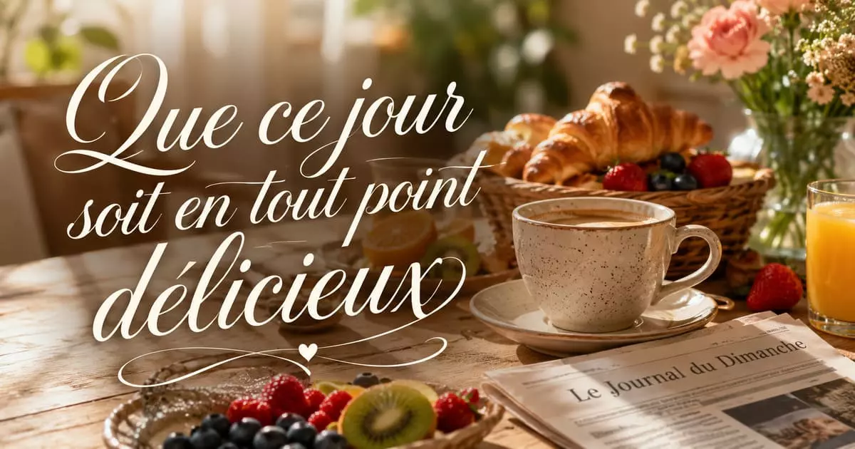 Table de brunch dominical avec fruits frais, café et journal, lumière douce du matin