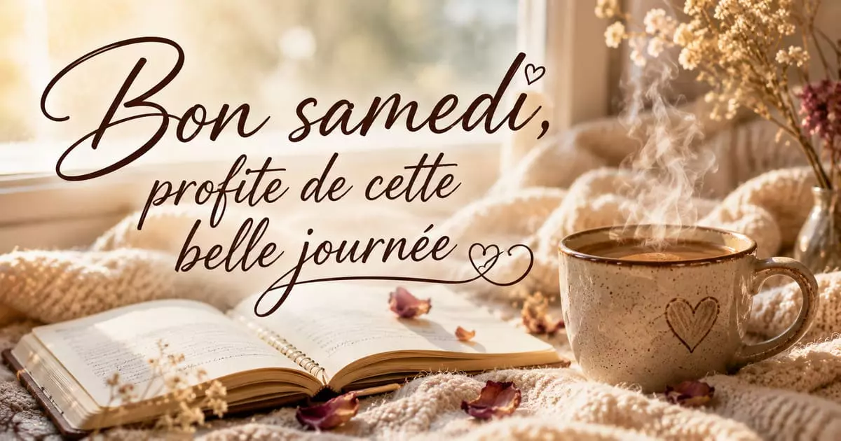 Carnet ouvert, tasse de café fumant et plaid en laine avec pétales de fleurs séchées, lumière douce de samedi matin