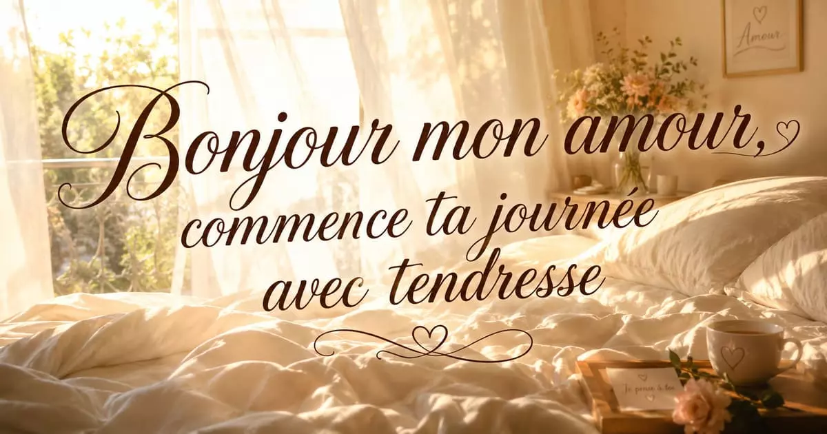 Message du matin romantique à copier pour dire bon matin mon amour Rayons de soleil filtrant à travers un rideau sur un lit défait, ambiance douce de réveil romantique