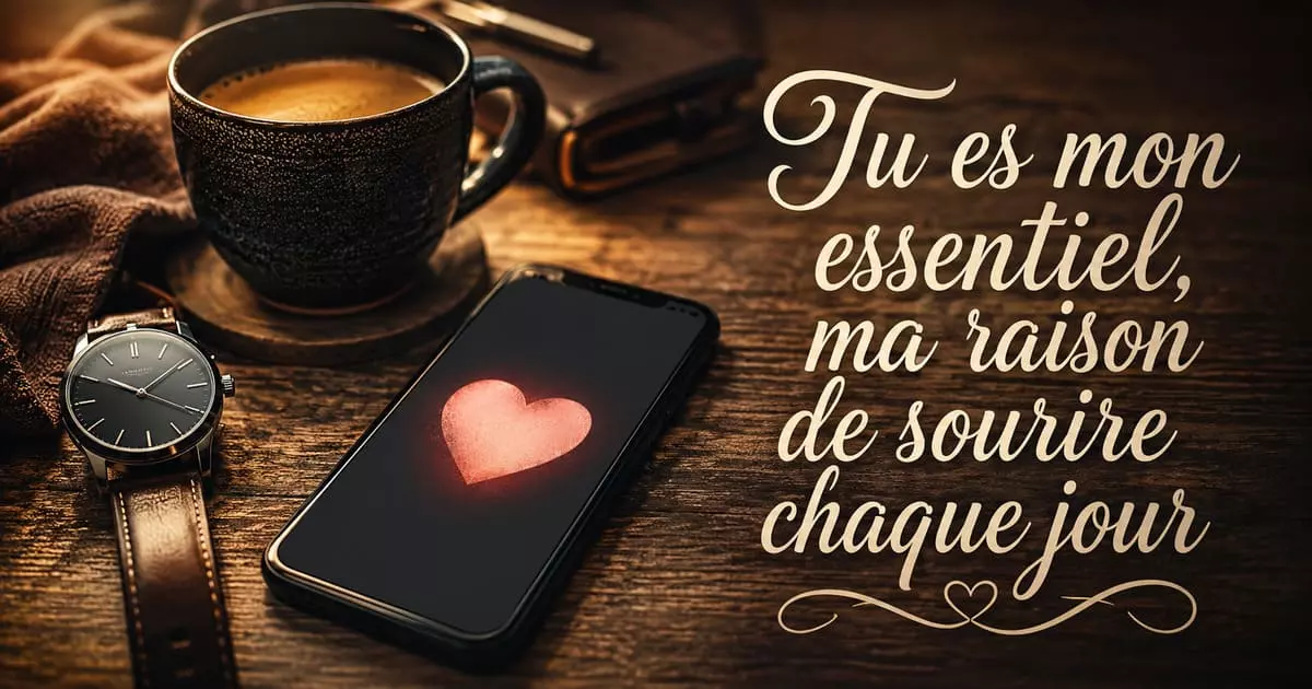 Message d'amour pour lui à copier Téléphone affichant un cœur, tasse de café et montre sur une table en bois, ambiance masculine et chaleureuse