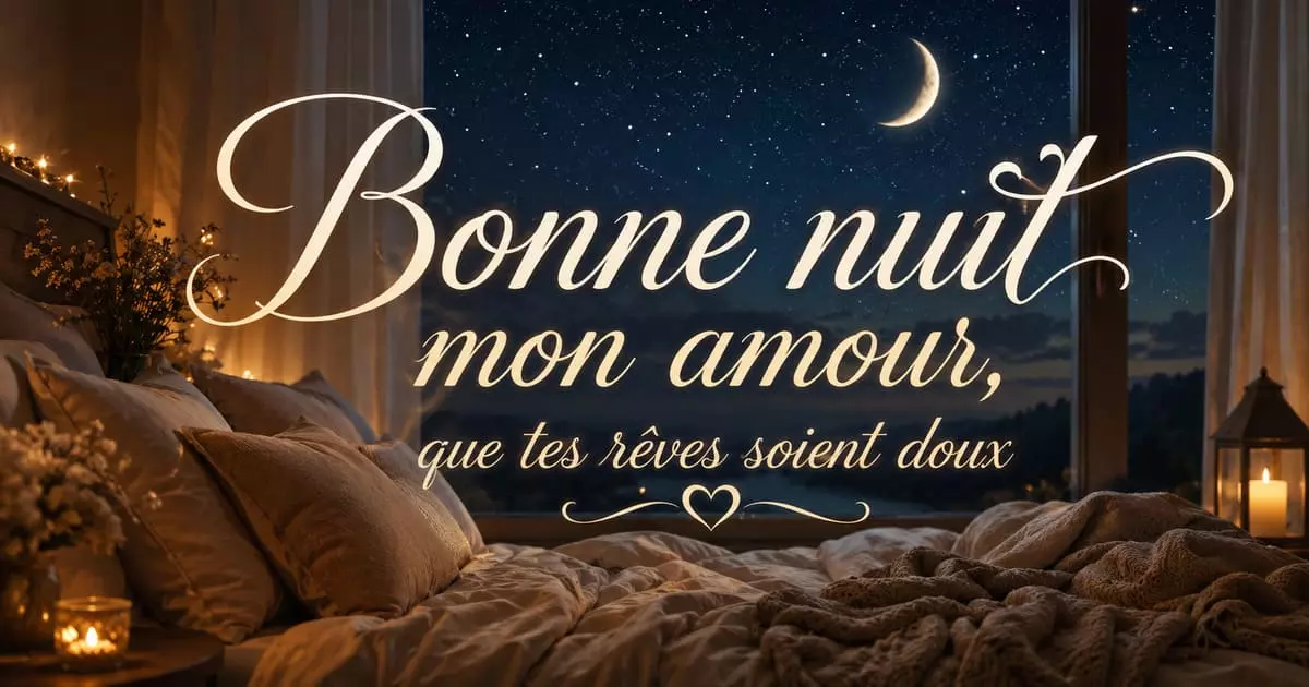 Message romantique du soir à copier pour dire bonne nuit mon amour Ciel étoilé et croissant de lune au-dessus d'un lit défait, ambiance douce et apaisante de fin de journée