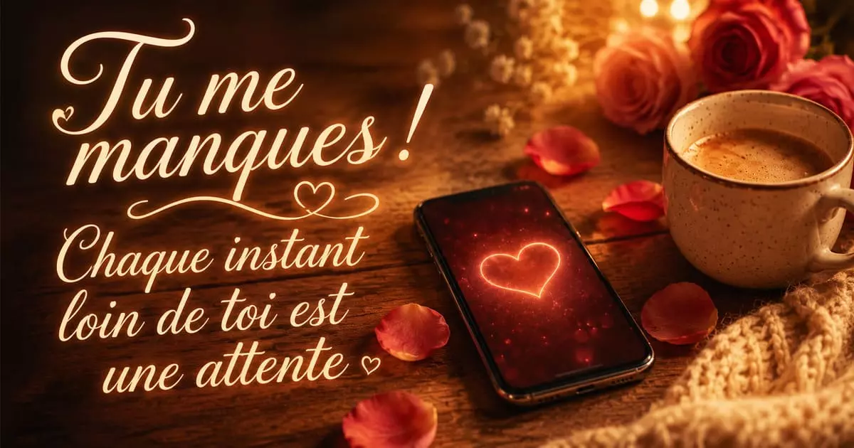 Téléphone avec message d'amour, tasse de café et pétales de rose sur une table, ambiance douce de manque et de tendresse