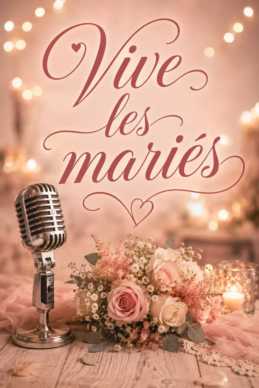 Discours et poèmes de mariage à copier Image Pinterest verticale douce, micro et bouquet de fleurs pastel sur une table de réception, palette rose poudré et crème