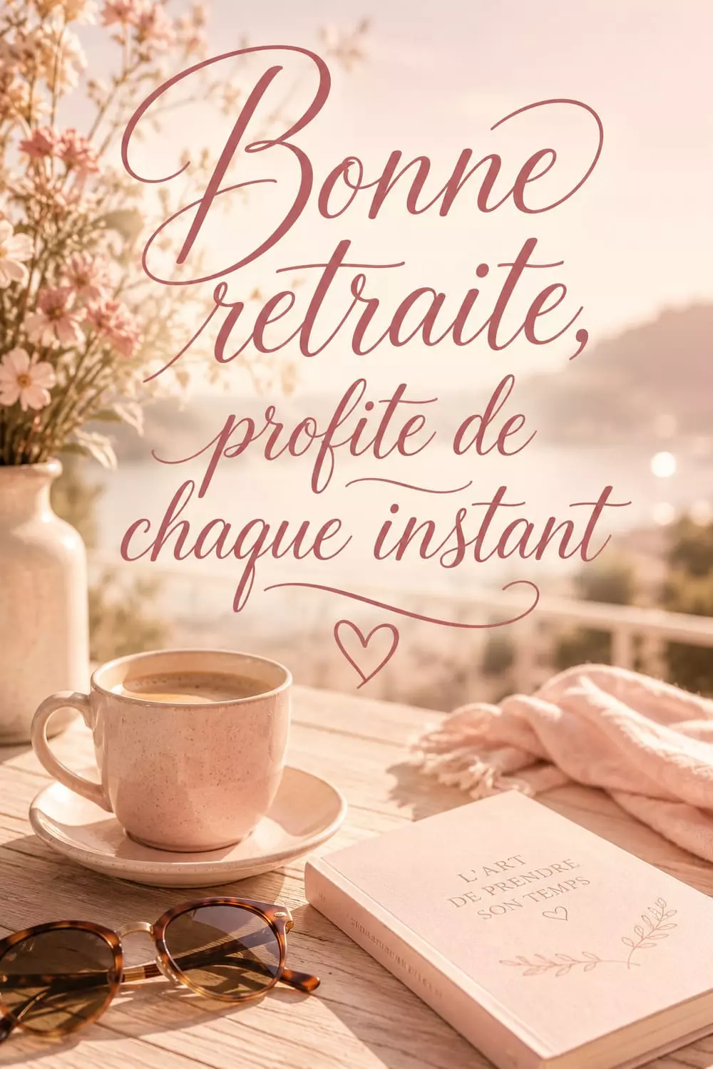 Message de bonne retraite à copier pour un collègue ou un proche Image Pinterest verticale douce, tasse de café et lunettes de soleil sur une table en bois évoquant la liberté de la retraite, palette rose poudré et crème