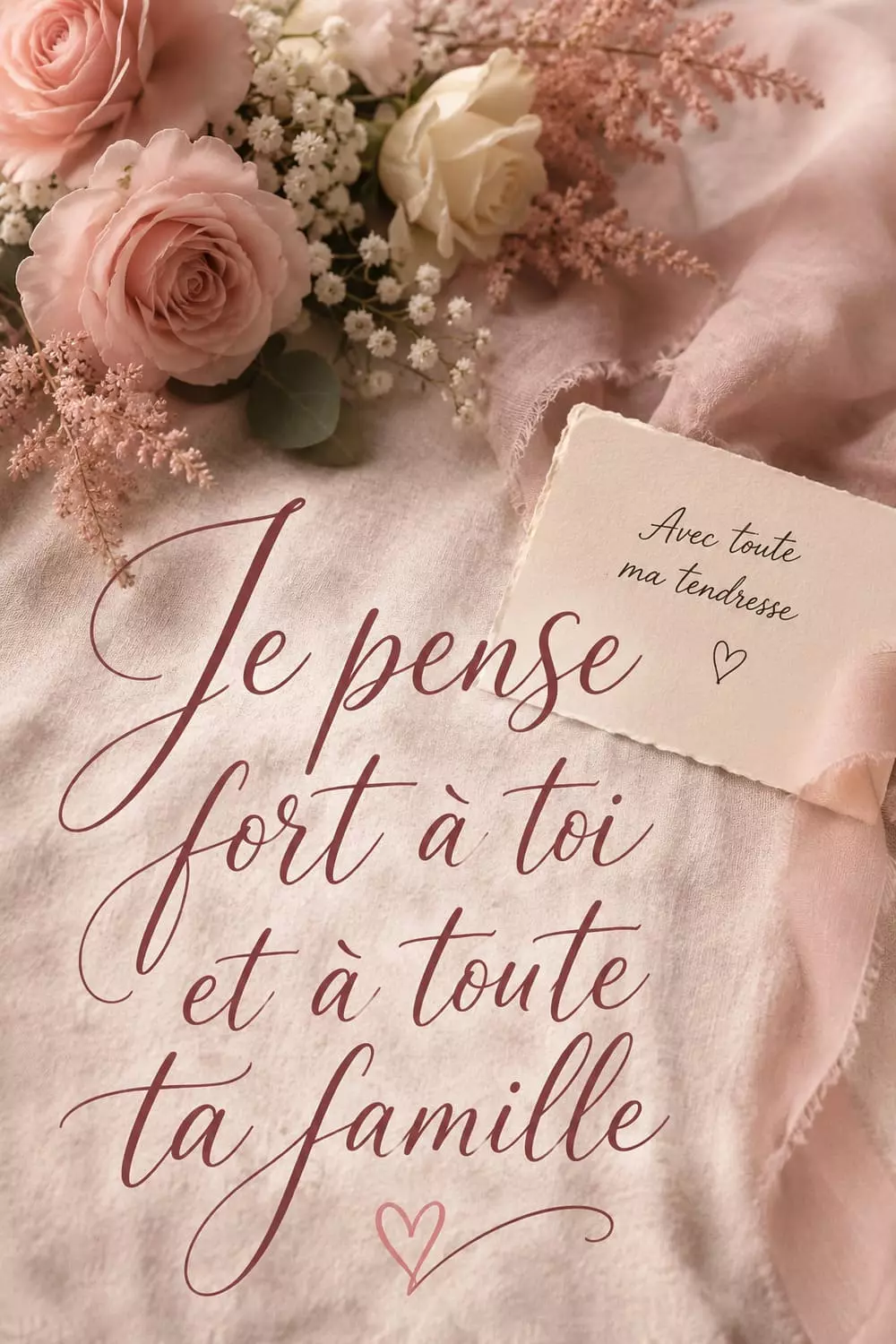 Image Pinterest verticale douce, bouquet de fleurs pâles et carte manuscrite, palette rose poudré et crème
