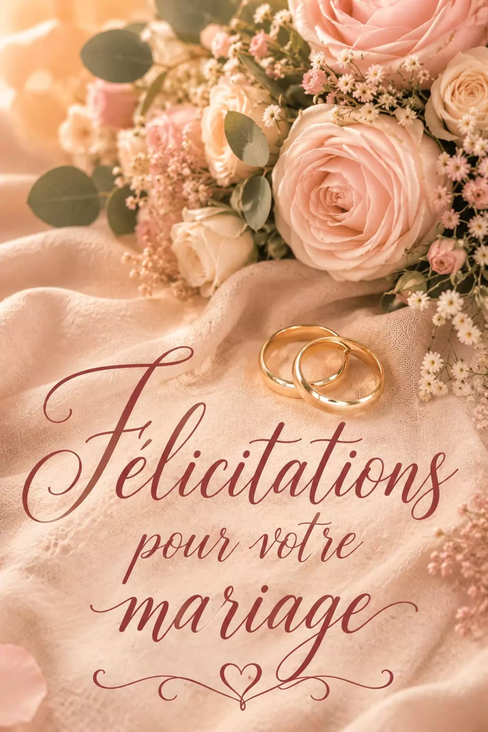 Message de félicitations à copier pour un mariage Image Pinterest verticale douce, alliances et bouquet de fleurs pastel, palette rose poudré et crème