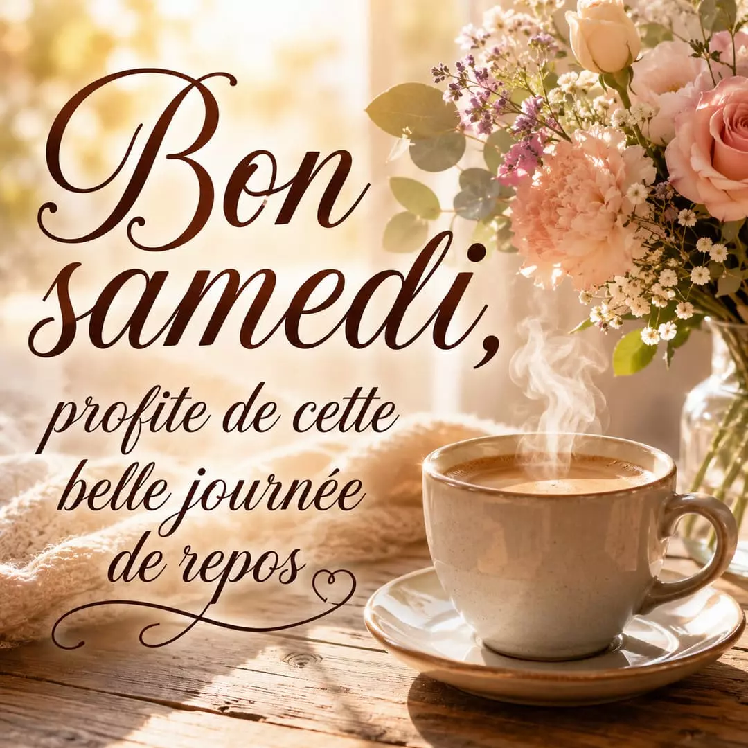 Tasse de café fumant sur une table en bois avec des fleurs pastel, ambiance douce de samedi matin