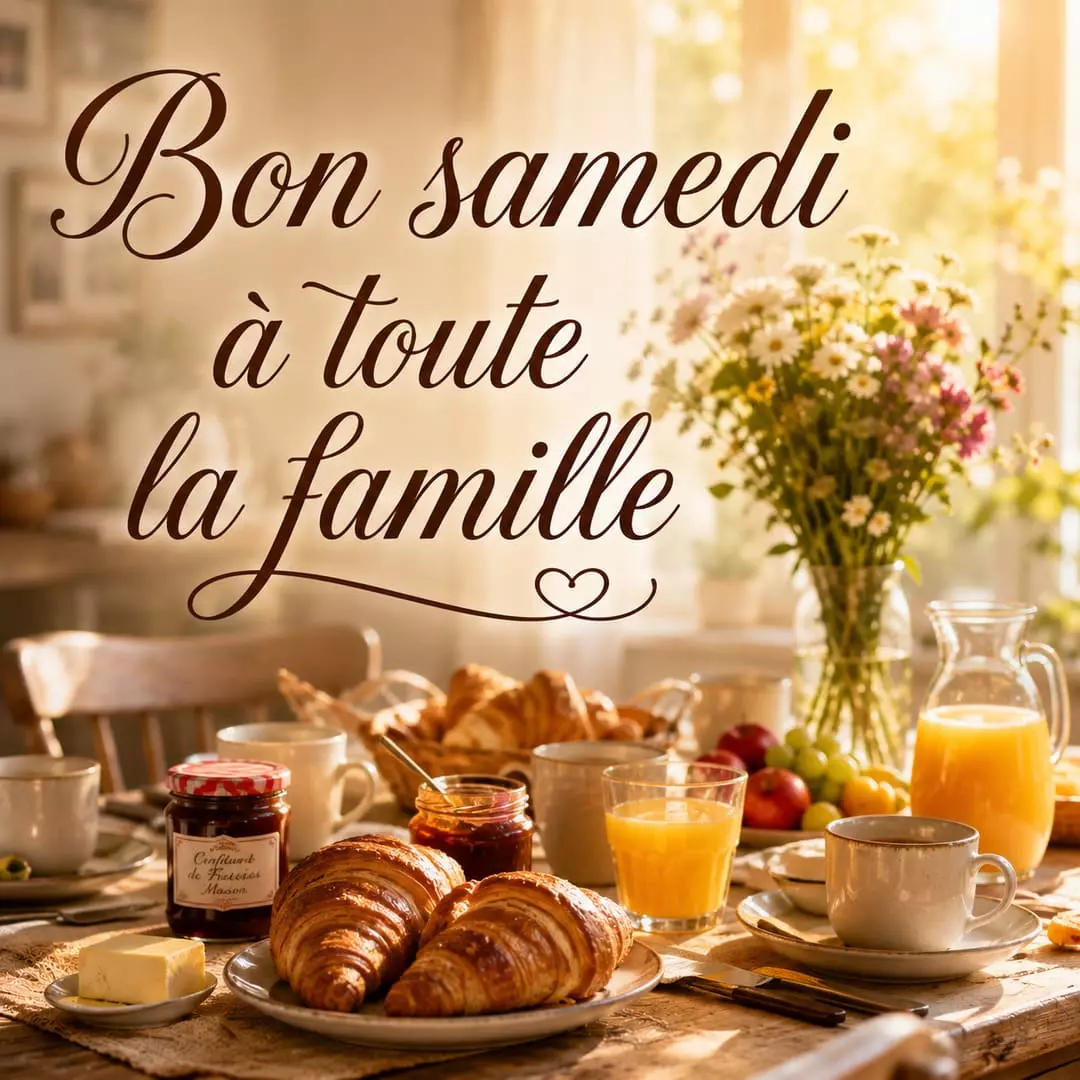 Table de petit-déjeuner familial avec croissants et jus d'orange, lumière matinale chaleureuse de week-end