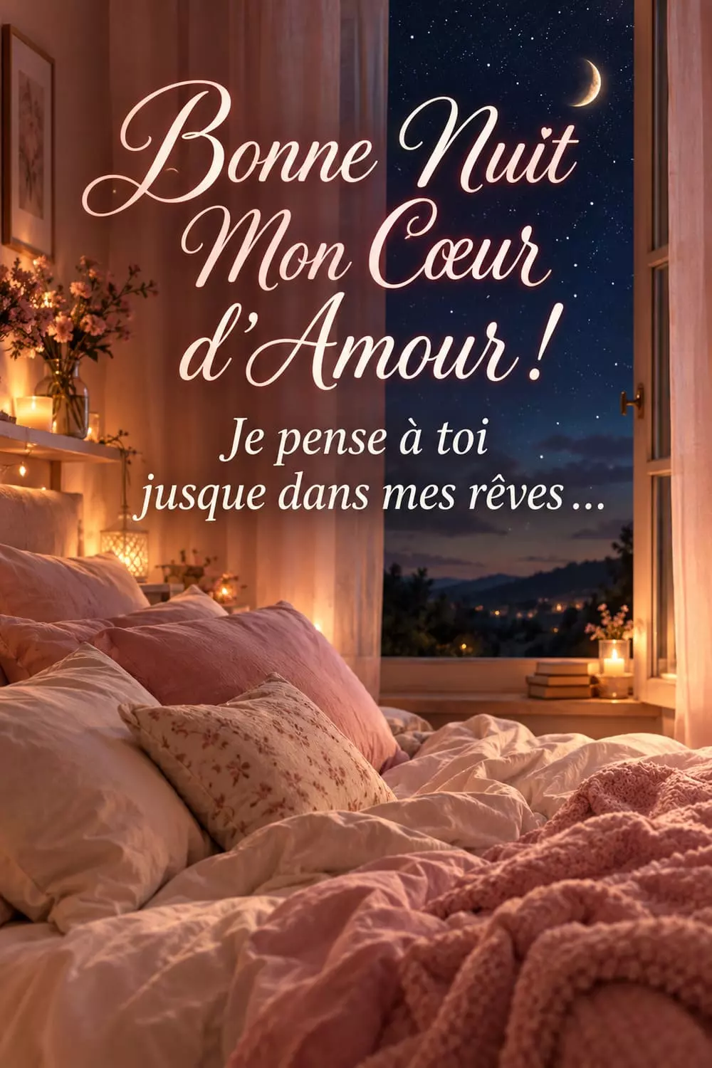 Message romantique du soir à copier - format Pinterest Lit défait avec coussins moelleux et ciel étoilé visible par la fenêtre, ambiance romantique de fin de soirée