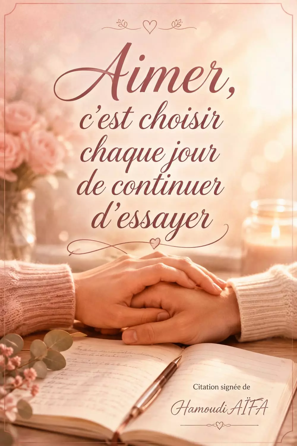 Deux mains entrelacées au-dessus d'un carnet ouvert, lumière chaleureuse et douce