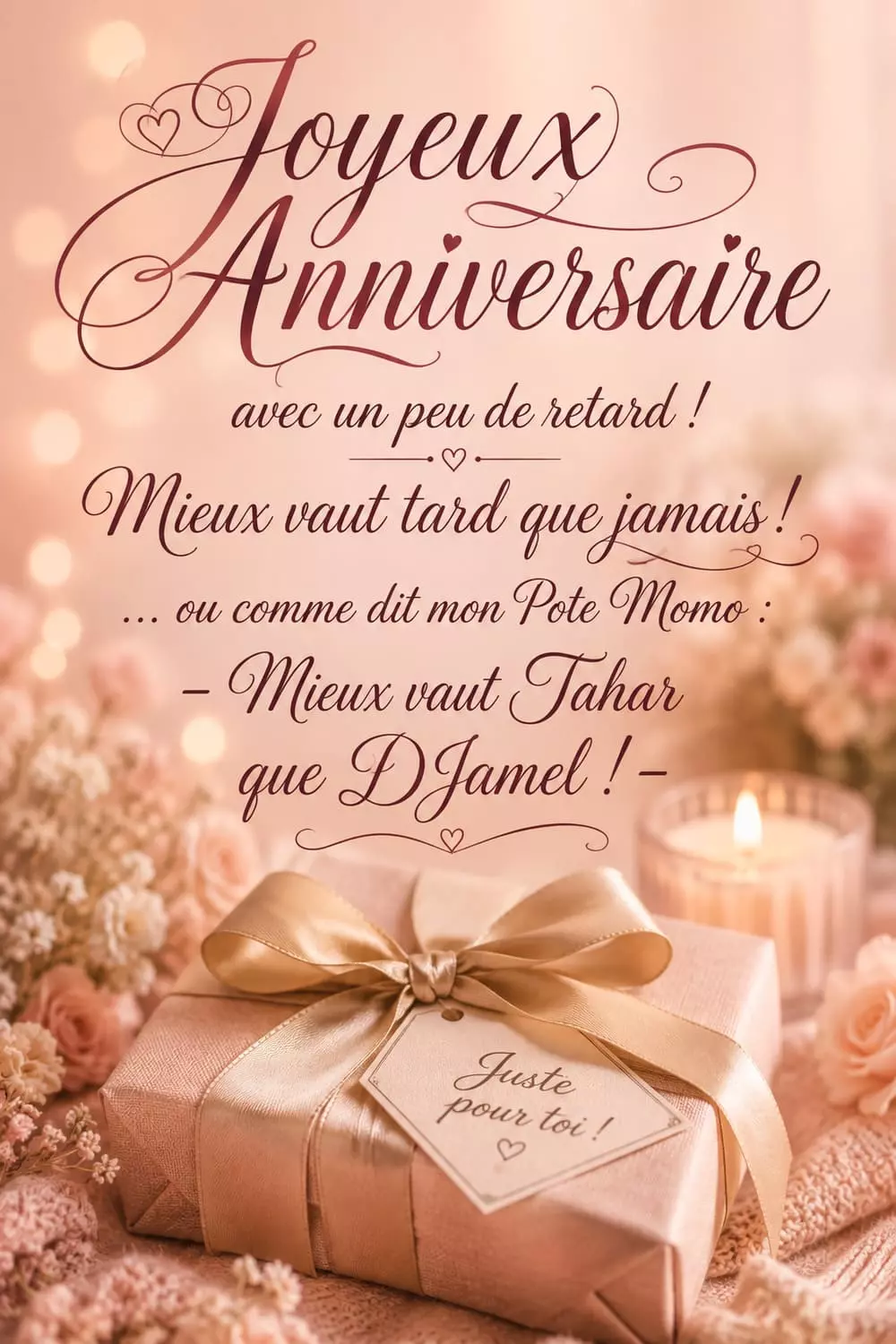 Message anniversaire en retard à copier - format Pinterest Cadeau enveloppé avec ruban doré et petite carte manuscrite, ambiance chaleureuse d'anniversaire rattrapé