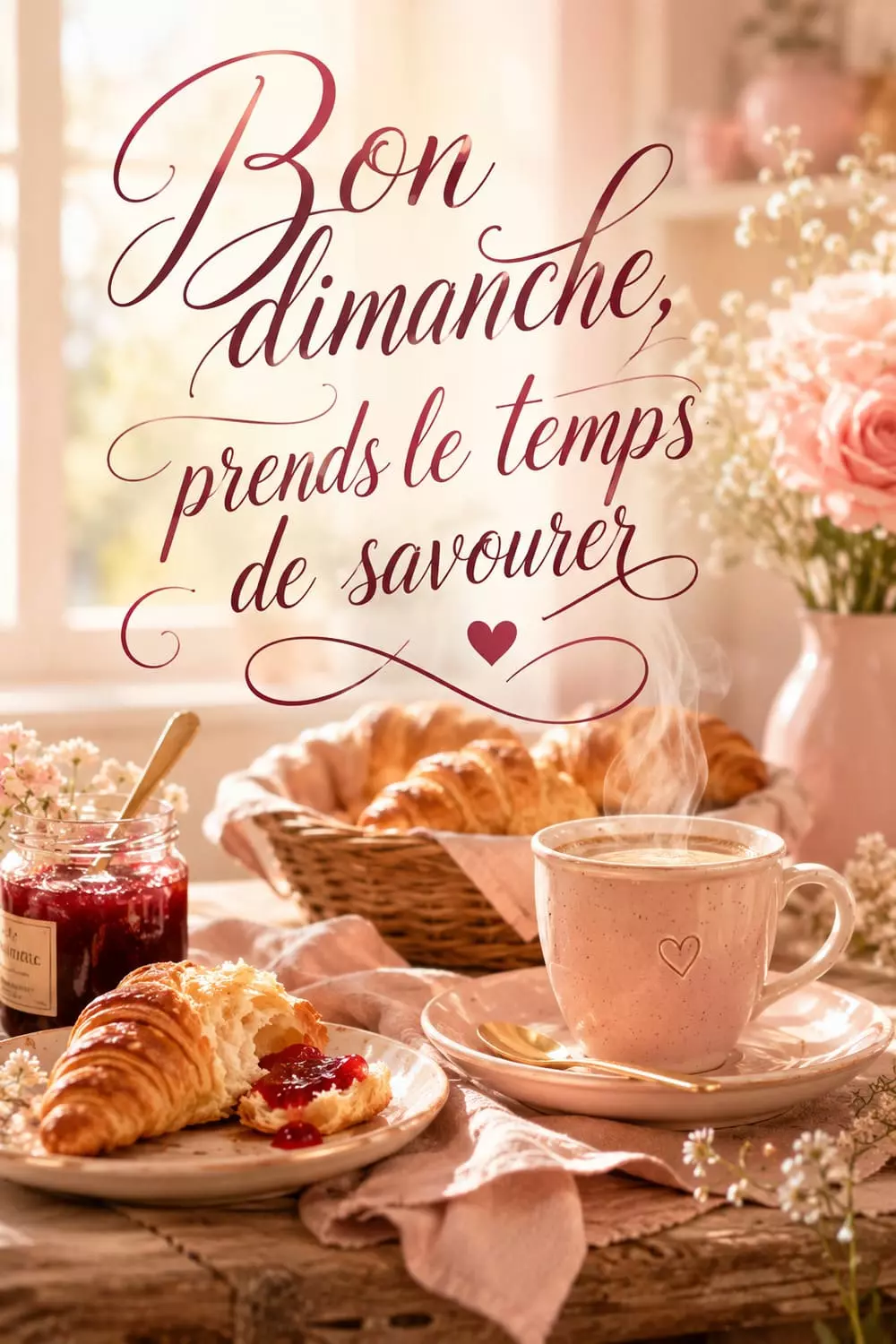 Table de brunch dominical avec croissants, confiture et tasse de café, lumière matinale chaleureuse