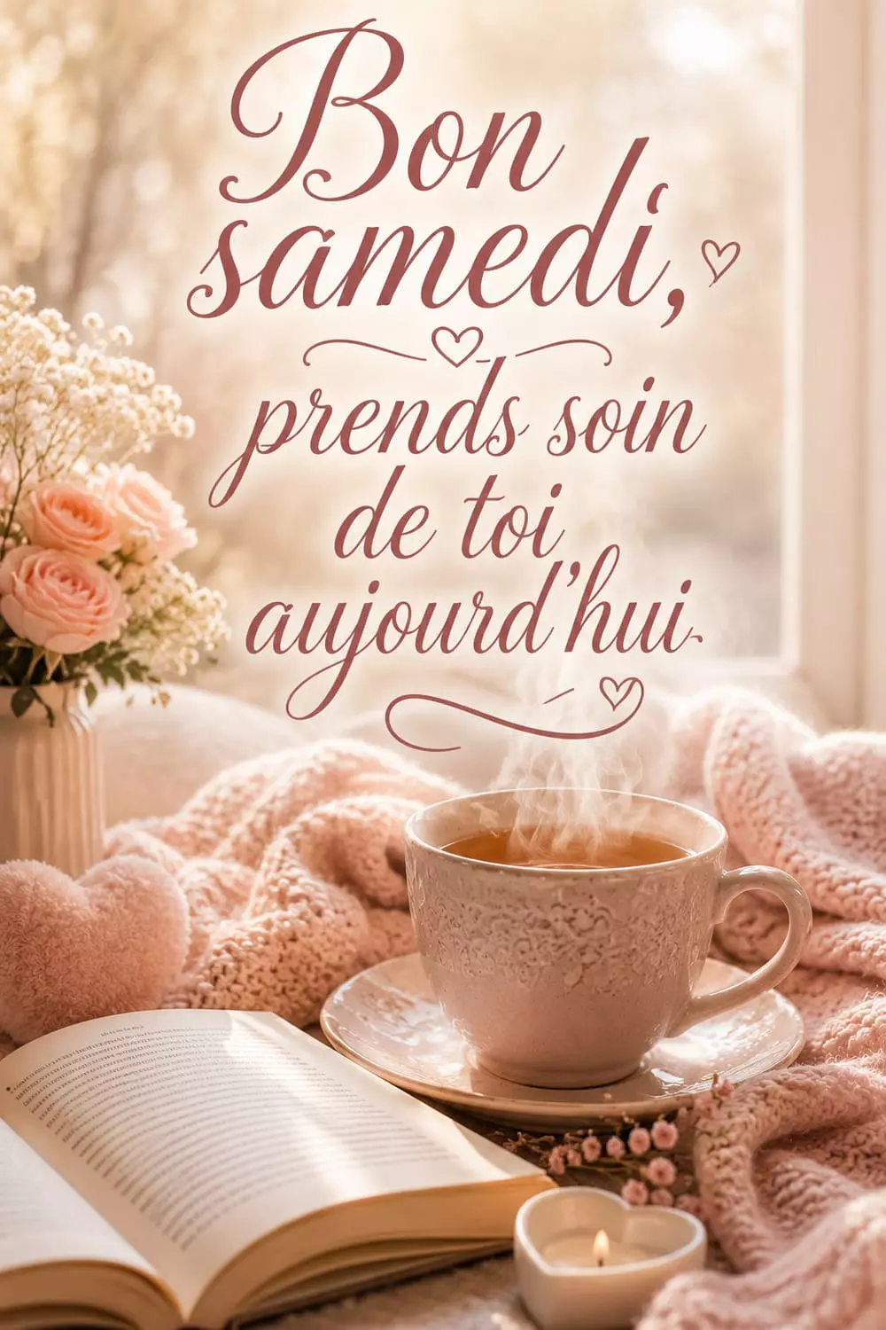Tasse de thé et livre ouvert sur un plaid douillet, ambiance cocooning de samedi matin