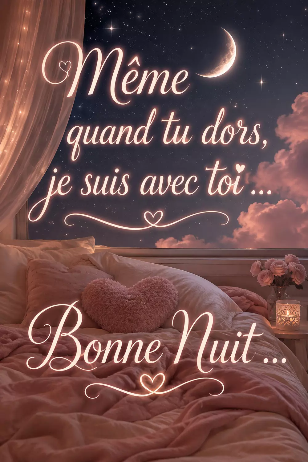 Ciel étoilé, lune et coussins moelleux avec écriture romantique pour un message de bonne nuit