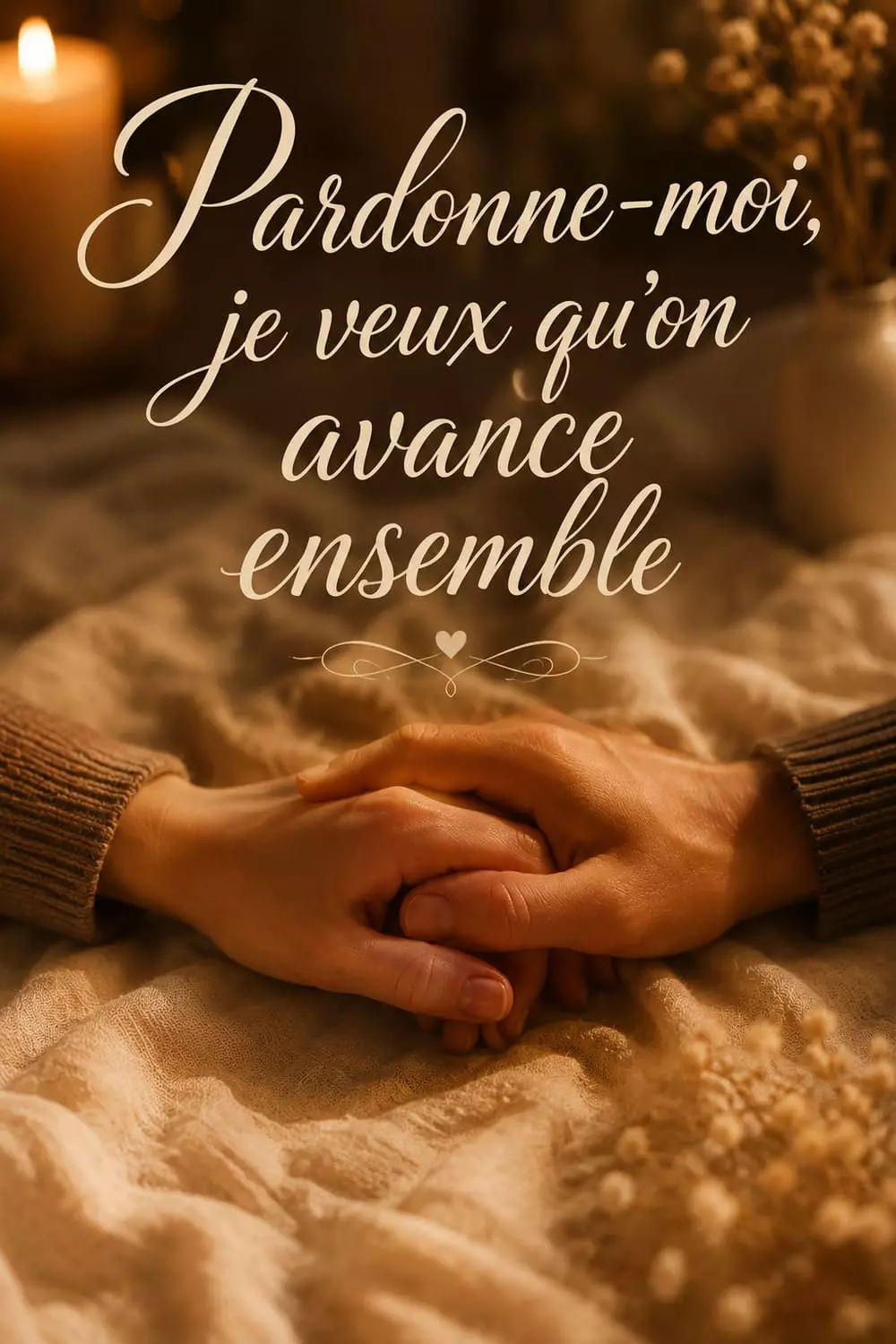 Deux mains entrelacées avec délicatesse, lumière douce et apaisante, palette rose poudré et crème