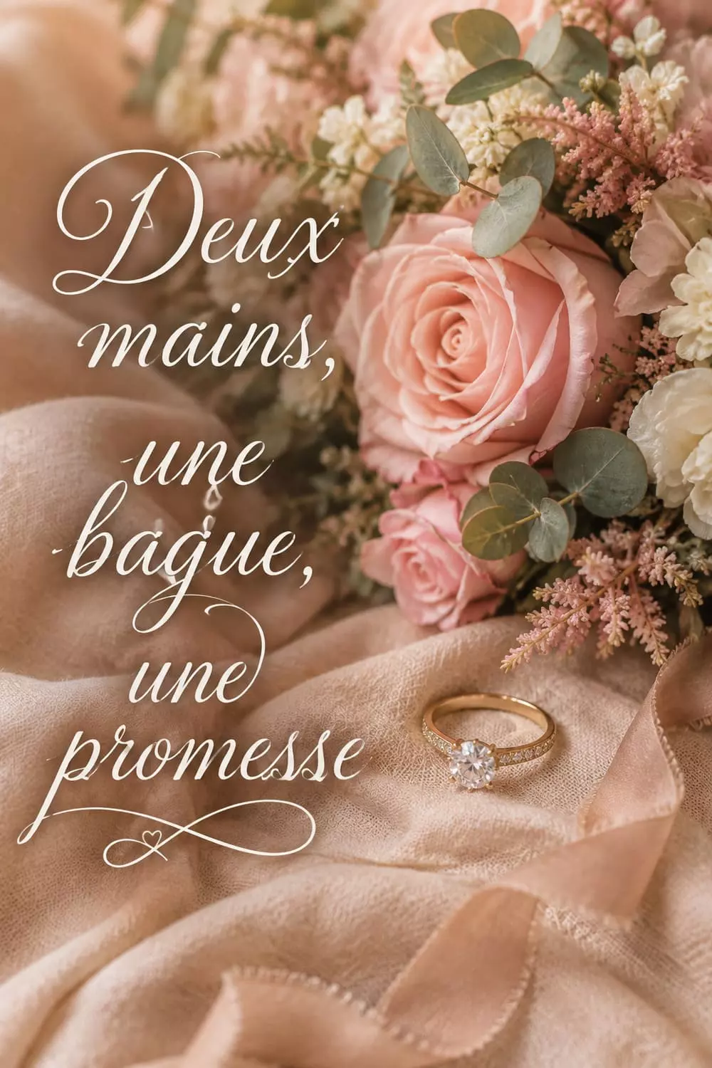 Message et poème de fiançailles à copier - format Pinterest Bague de fiançailles et bouquet de fleurs pastel, palette rose poudré et crème