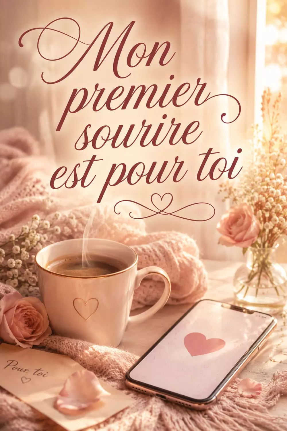 Message du matin romantique à copier - format Pinterest Tasse de café fumant et téléphone affichant un message du matin, lumière dorée de réveil