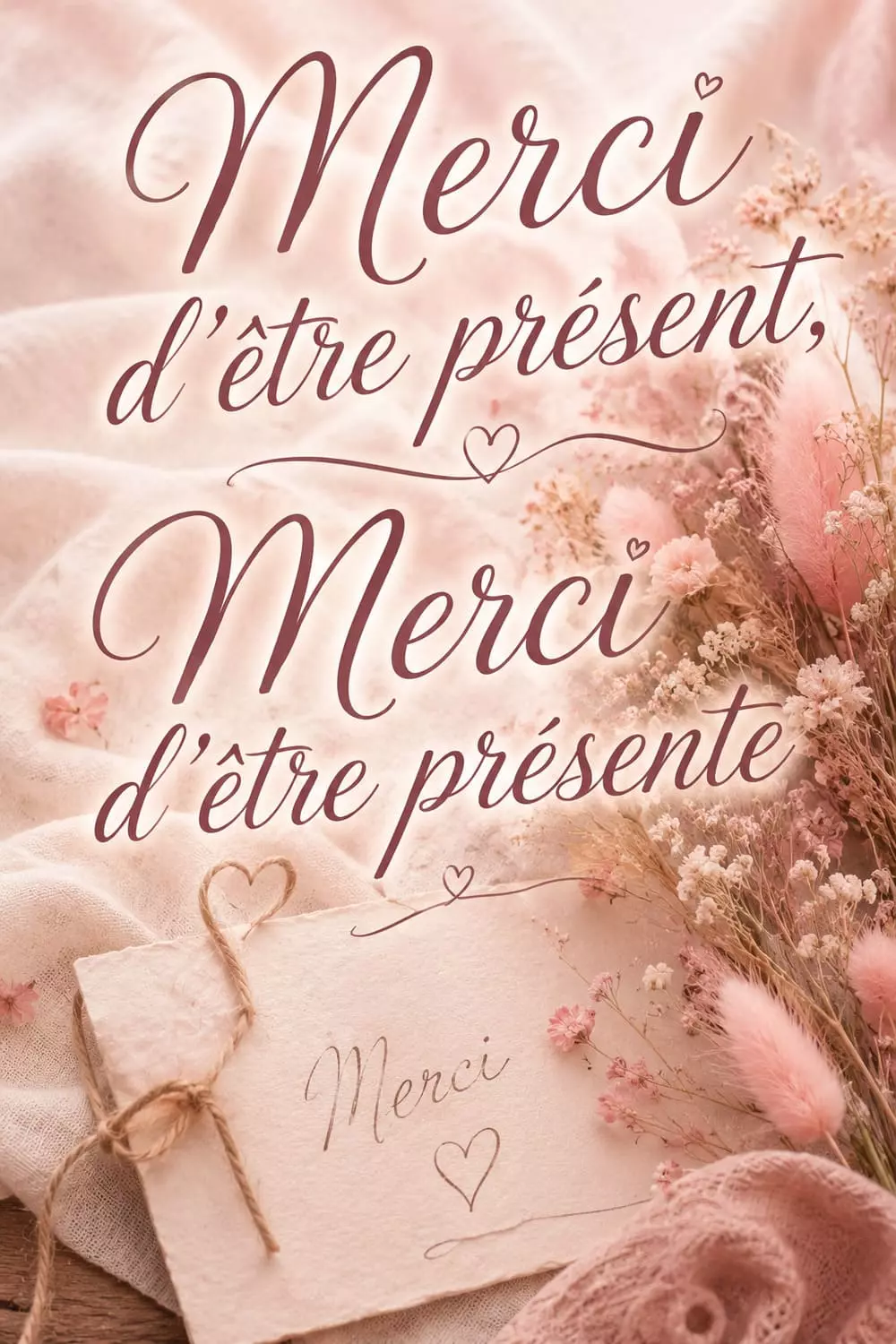 Image Pinterest verticale douce, petit mot manuscrit de remerciement et fleurs séchées, palette rose poudré et crème