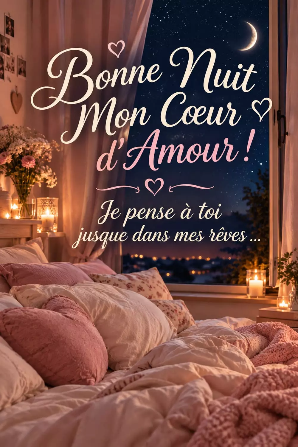 Message romantique du soir à copier - format Pinterest Lit défait avec coussins moelleux et ciel étoilé visible par la fenêtre, ambiance romantique de fin de soirée
