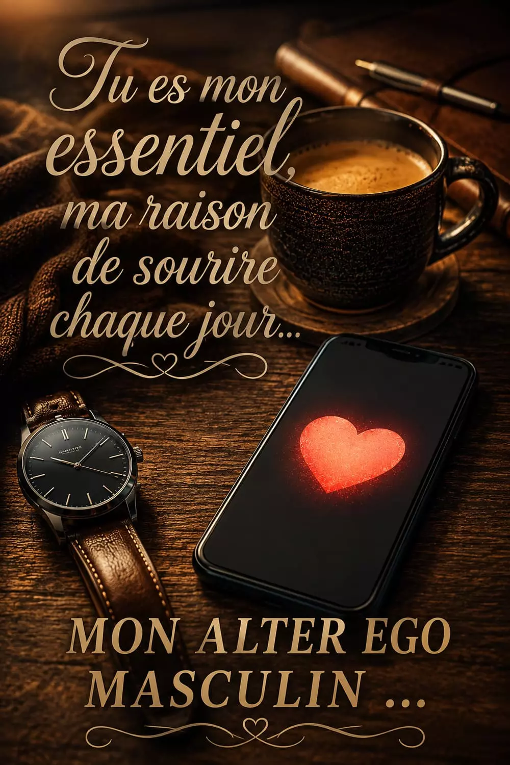 Message pour lui à copier - format Pinterest Téléphone avec cœur, montre et tasse de café sur une table en bois, ambiance masculine et chaleureuse
