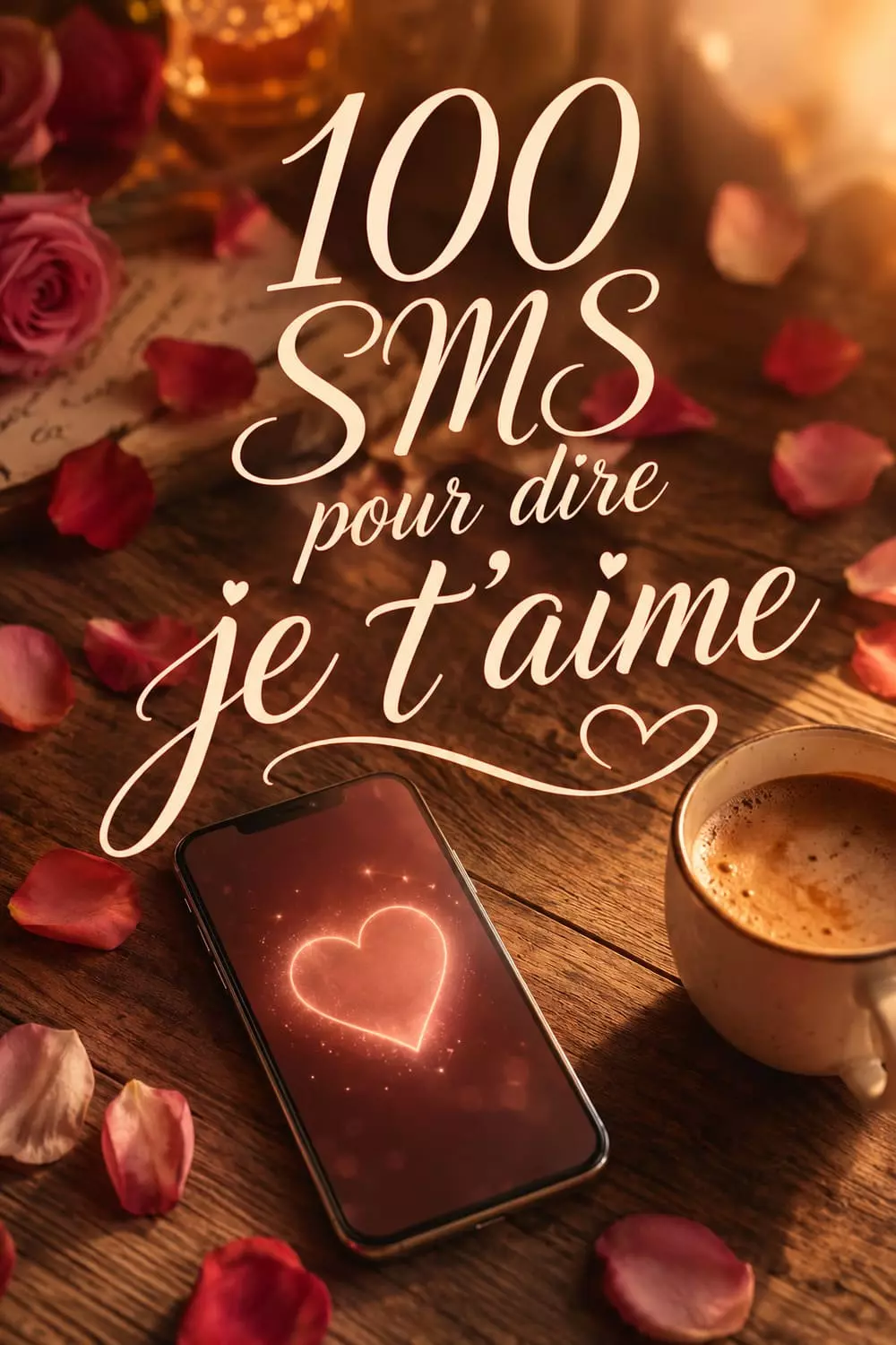 Téléphone affichant un message d'amour, pétales de roses éparpillés sur une table, ambiance douce et romantique