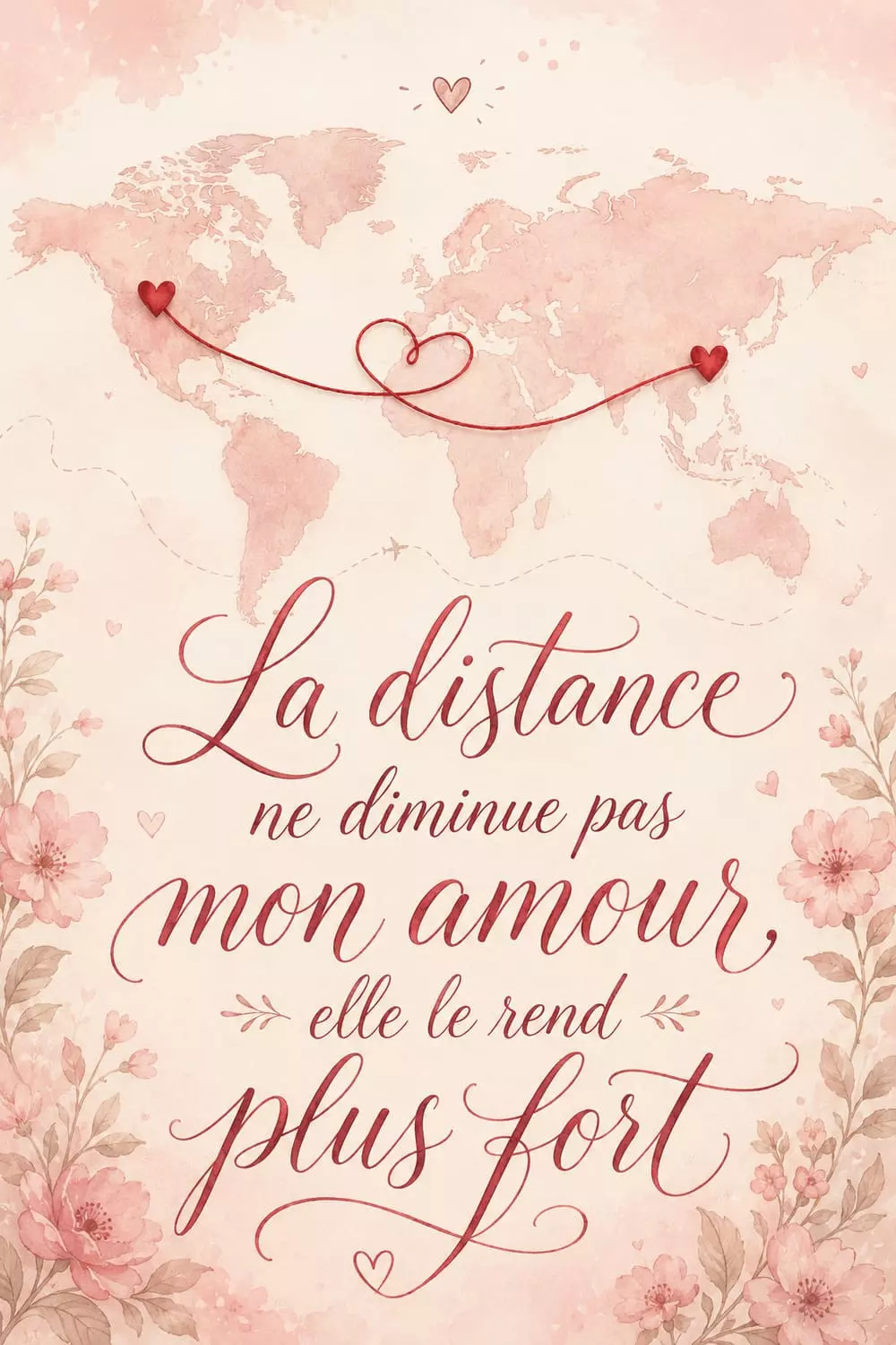 Carte du monde avec un fil rouge reliant deux points, symbole d'un amour à distance, ambiance douce