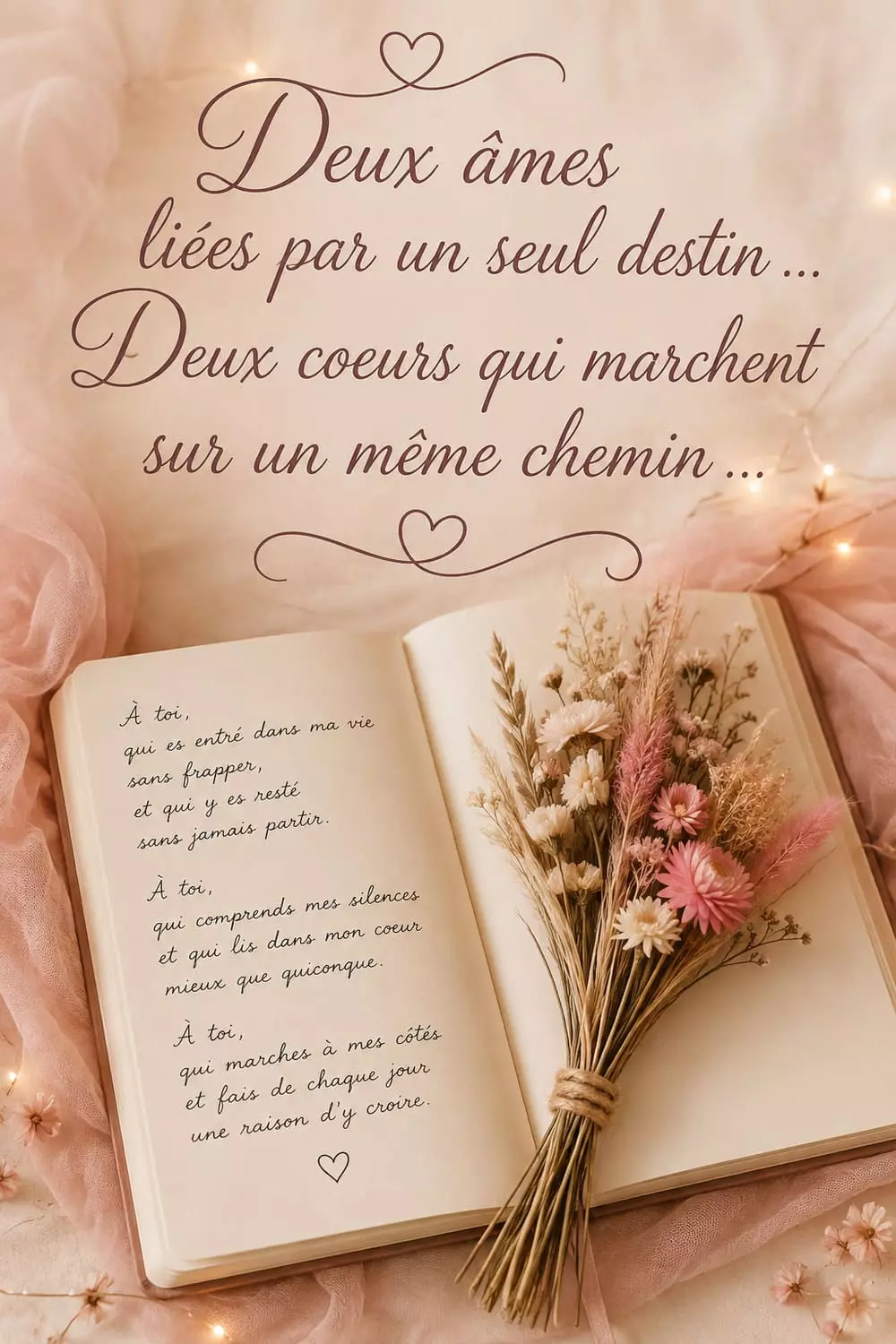 Carnet ouvert avec un poème manuscrit et un bouquet de fleurs séchées, ambiance douce et poétique