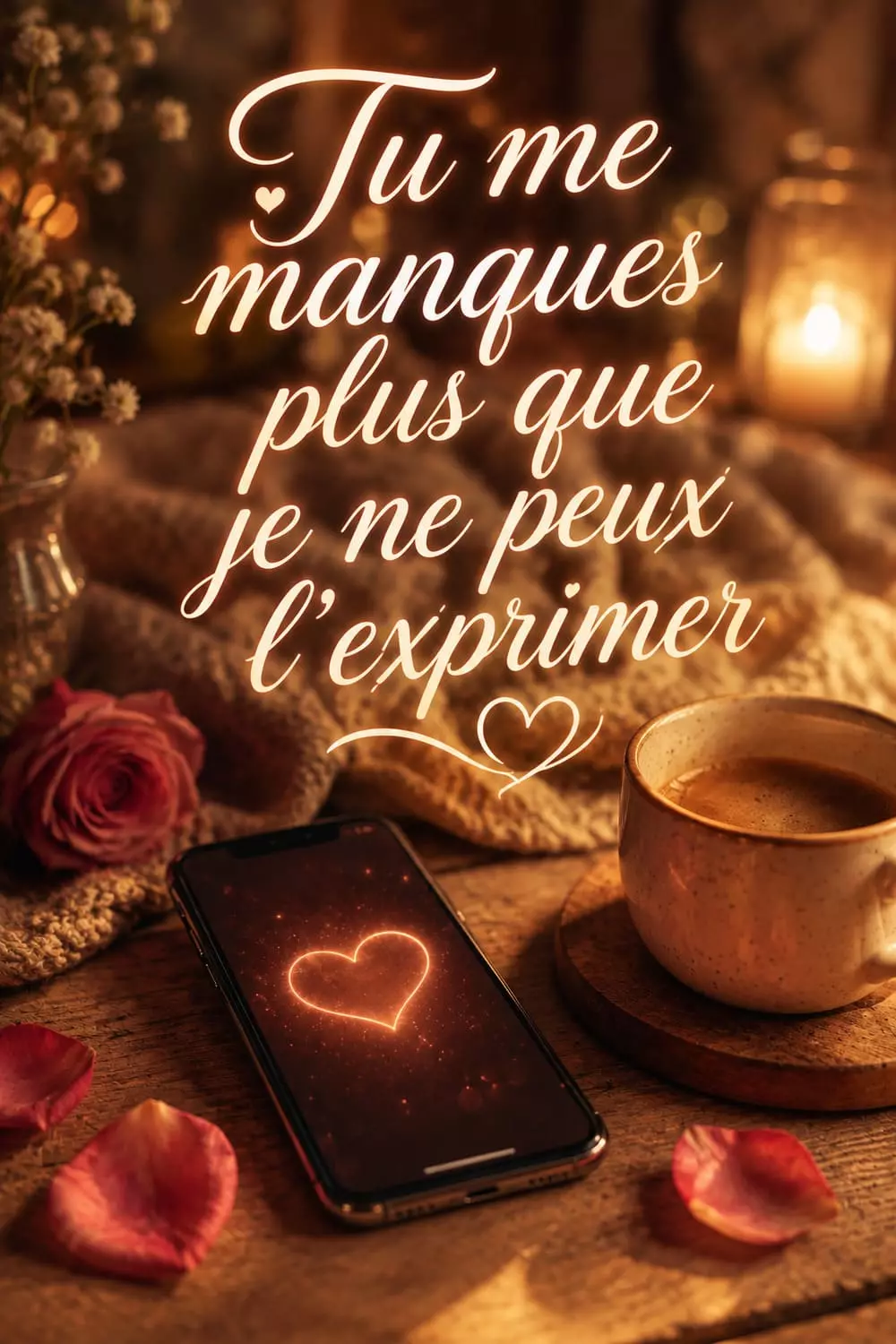 Téléphone affichant un cœur, tasse de café et carnet ouvert sur une table en bois, ambiance tendre et mélancolique